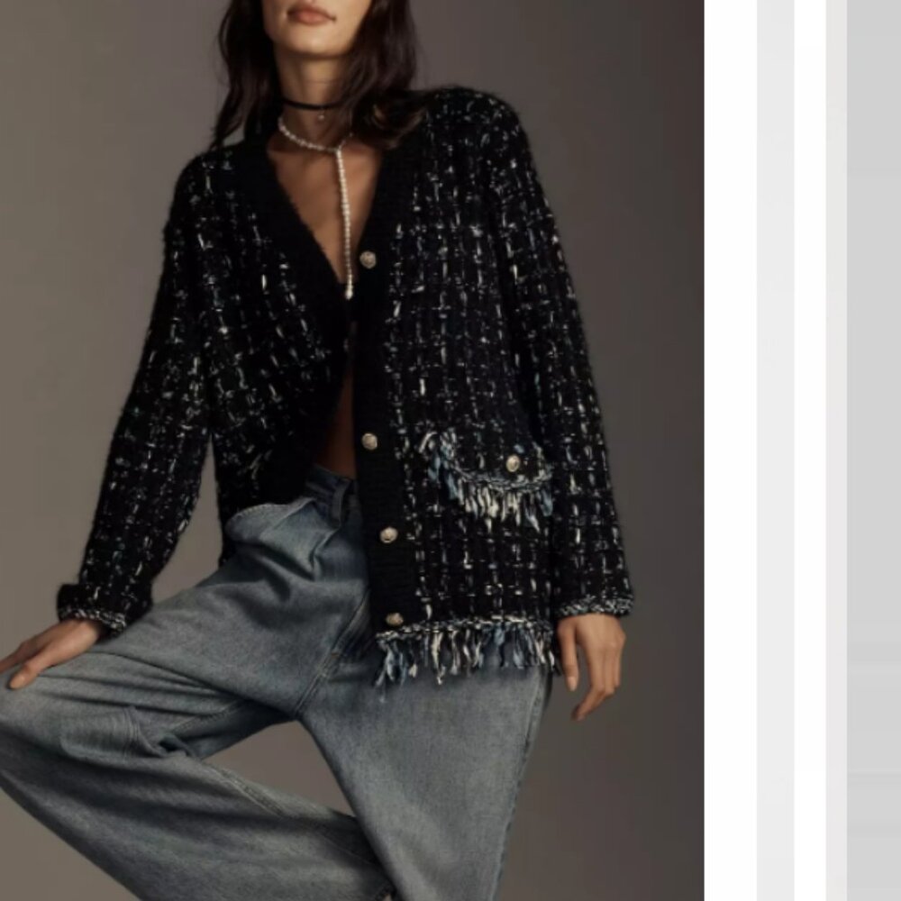 Anthropologie Tweed Fringe Cardigan Sweater Black Blue XS